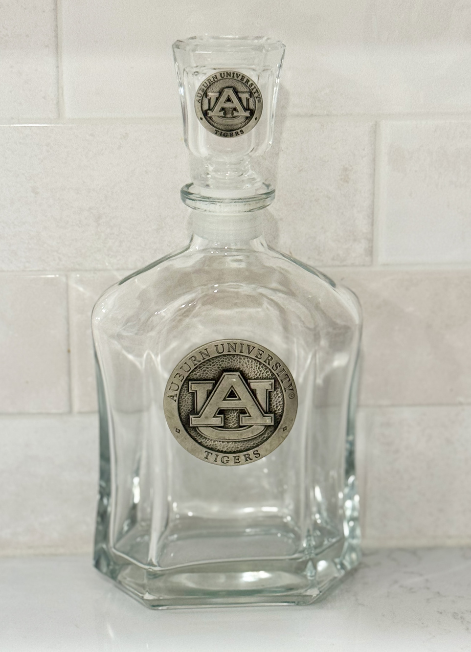 Auburn University AU Tigers Pewter Medallion Glass Whiskey Liquor Decanter 11"